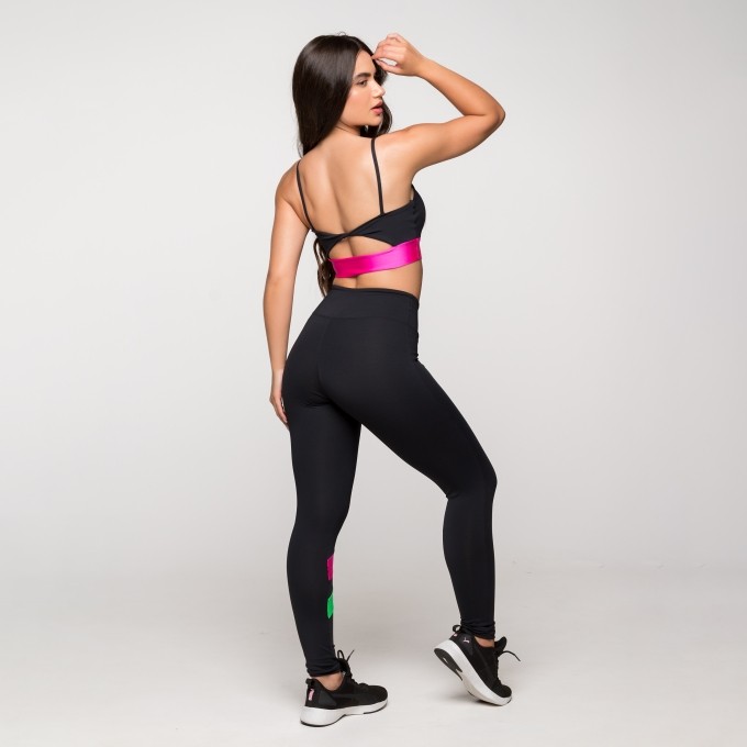 Calça Legging Poliamida com Detalhes Neon Pequim Academia