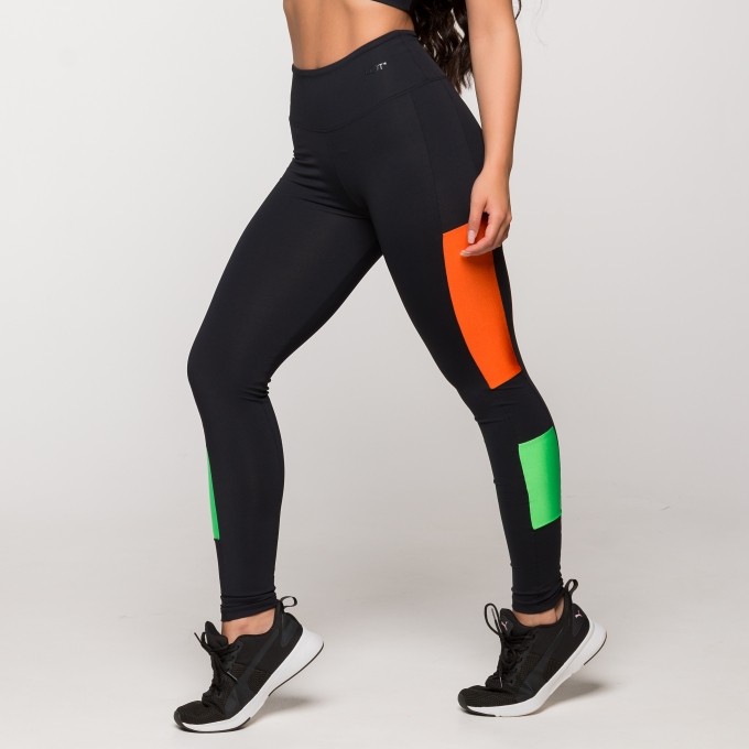 Calça Legging Academia Poliamida Recorte Laranja Verde Madri