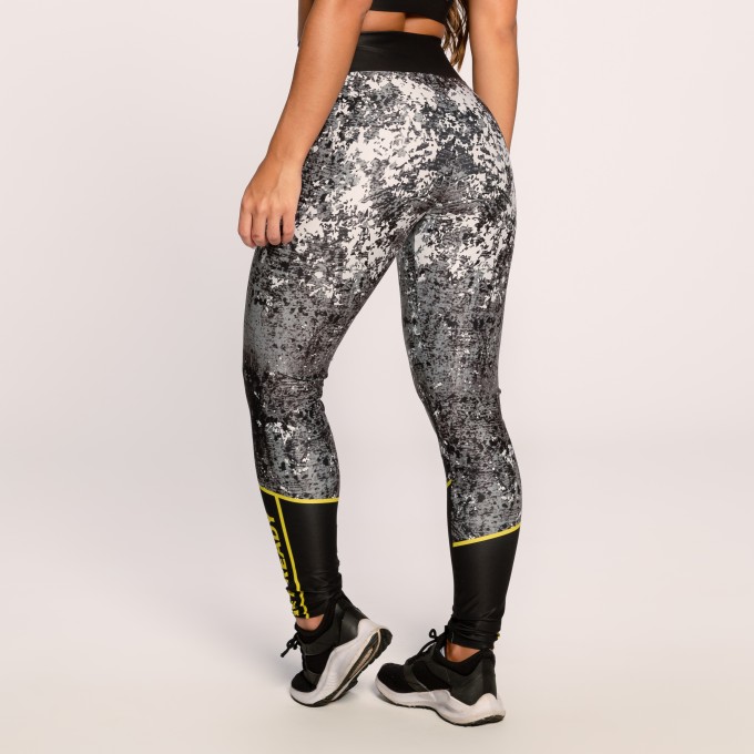 Calça Legging Academia Suplex Estampado Cinza Preto e Amarelo