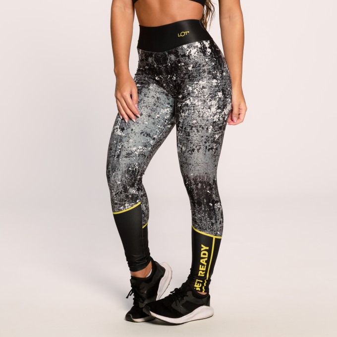 Calça Legging Academia Suplex Estampado Cinza Preto e Amarelo