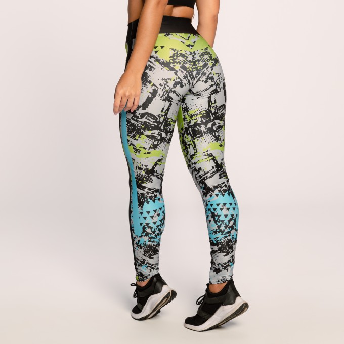 Calça Legging Fitness Suplex Estampado Cinza Preto Azul e Verde