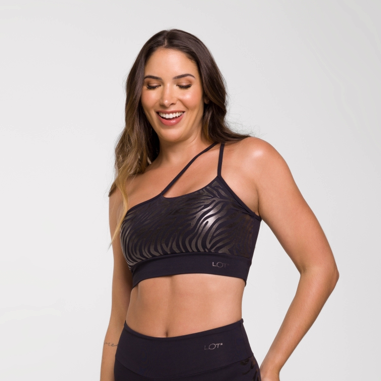 Top Zebra Poliamida Preto Estampado com Ombro Só