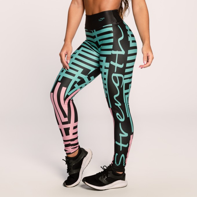 Calça Legging Fitness Suplex Estampado Preto Verde e Rosa