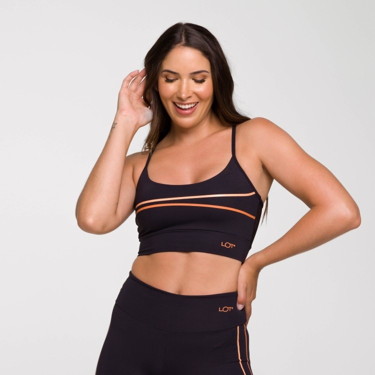 Top Essence Poliamida Preto com Estampa Laranja e Tela nas Costas