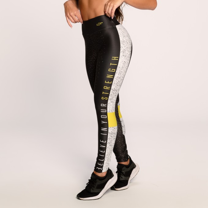 Calça Legging Suplex Estampado Preto Branco e Amarelo Believe