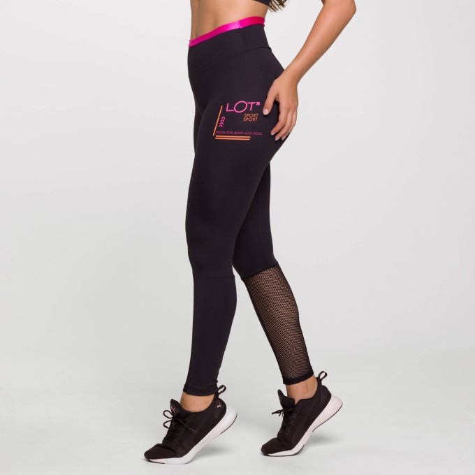 Legging Sport Preto Poliamida com Estampa e Tela e Cós Rosa Pink