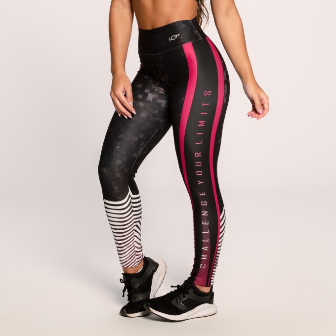 Calça Legging Suplex Estampado Preta Branco e Rosa Challenge