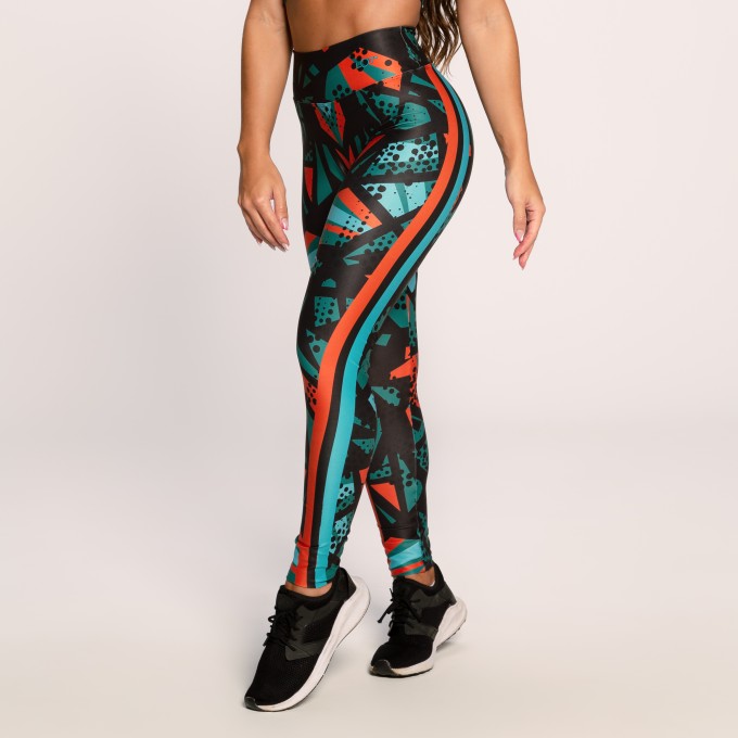 Calça Legging Suplex Estampado Preto Verde e Laranja Abstrata