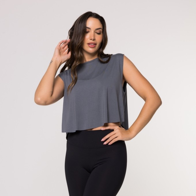 Cropped Arredondado Fitness Viscolycra Academia Liso Cinza