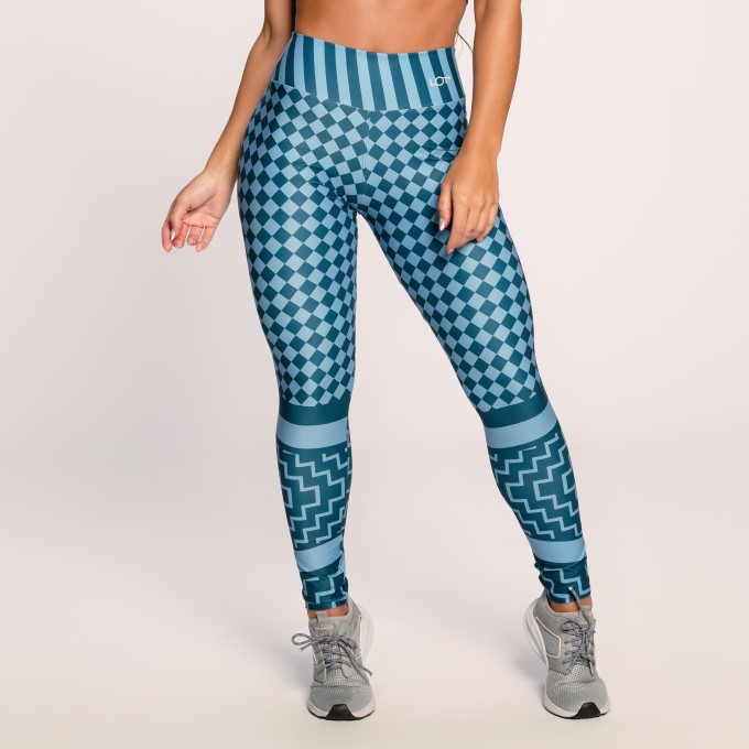 Calça Legging Suplex Estampado Azul Quadriculada