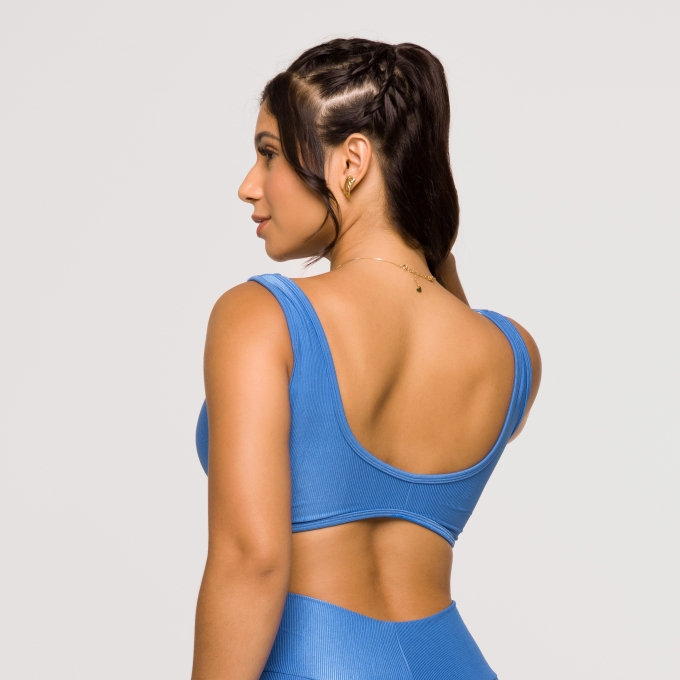 Top Feminino Azul Fitness Poliamida Academia Arco Costas Abertas