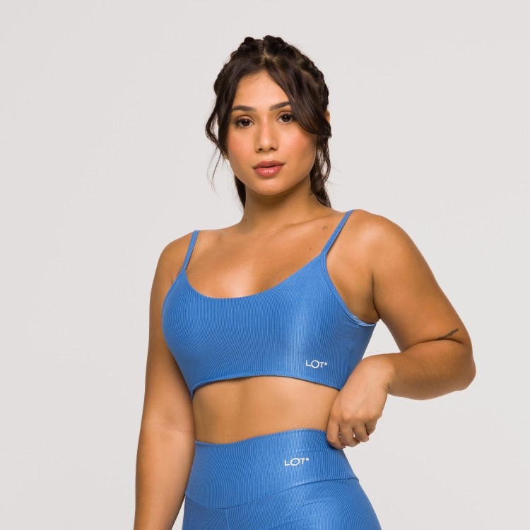 Top Academia Fitness Feminino Azul Poliamida Costas Abertas