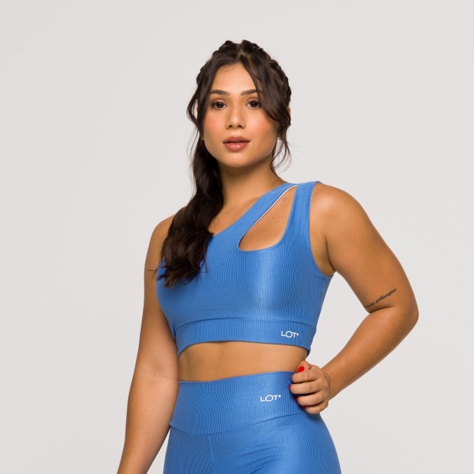 Top Feminino Azul Fitness Ombro Só Gota Poliamida Academia