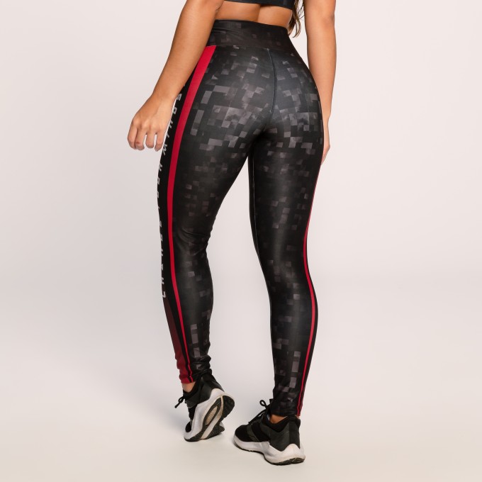 Calça Legging Suplex Estampado Preto com Vermelho Change