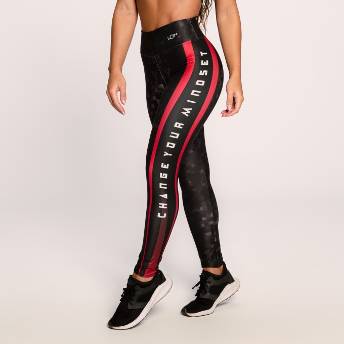 Calça Legging Suplex Estampado Preto com Vermelho Change