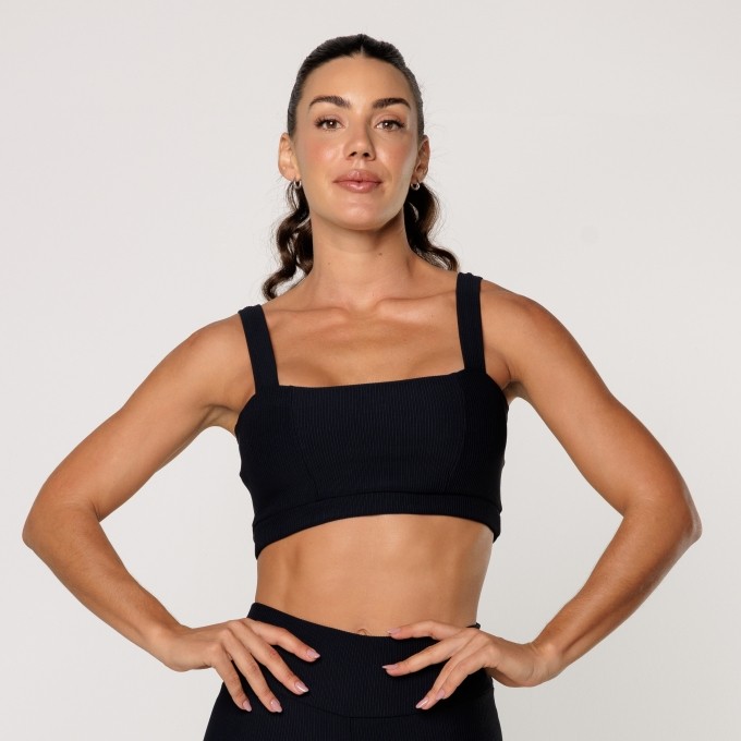 Top Preto Fitness Academia Feminino Decote Quadrado Texturizado