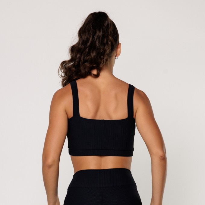 Top Preto Fitness Academia Feminino Decote Quadrado Texturizado