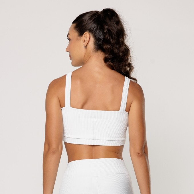 Top Off White Fitness Academia Feminino Decote Quadrado Textura