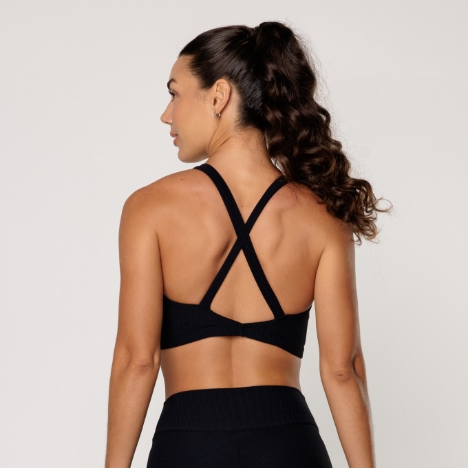 Top Preto Fitness Academia Feminino Decote V Texturizado