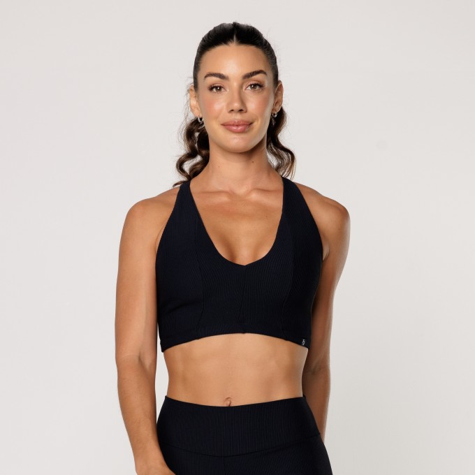 Top Preto Fitness Academia Feminino Decote V Texturizado