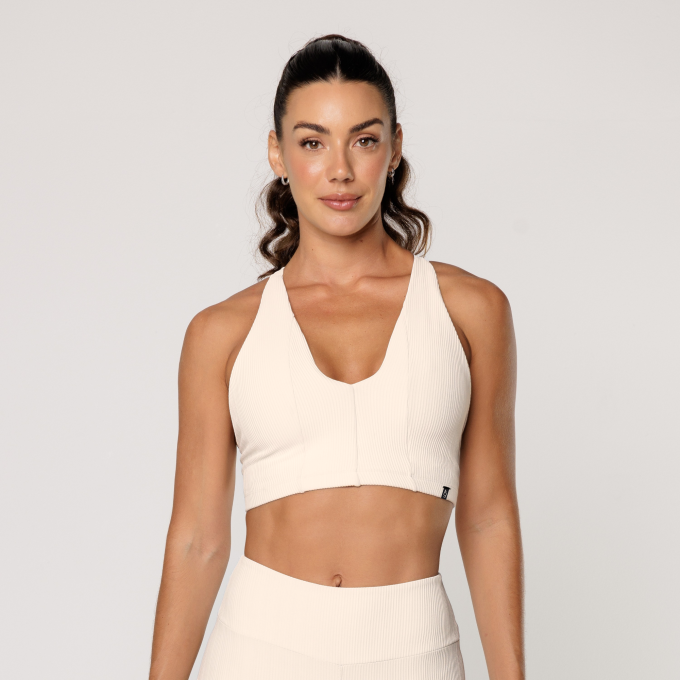 Top Off White Fitness Academia Feminino Decote V Texturizado
