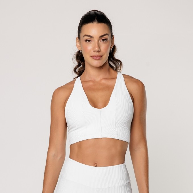 Top Off White Fitness Academia Feminino Decote V Texturizado