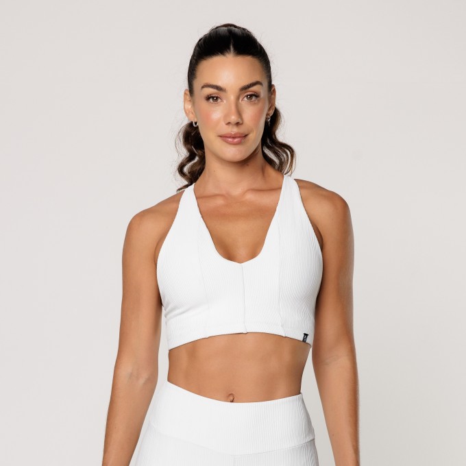 Top Off White Fitness Academia Feminino Decote V Texturizado