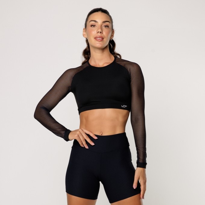 Top Academia Preto Feminino Cropped Suplex com Manga de Telinha