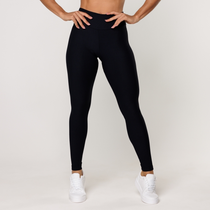 Calça Legging Preta Fitness Poliamida Canelada