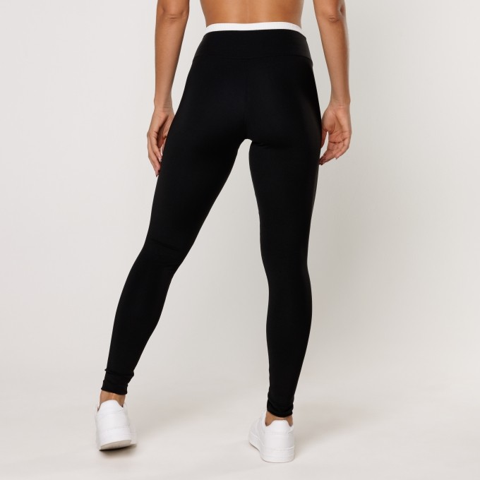 Calça Legging Preta com cós Branco Fitness Poliamida