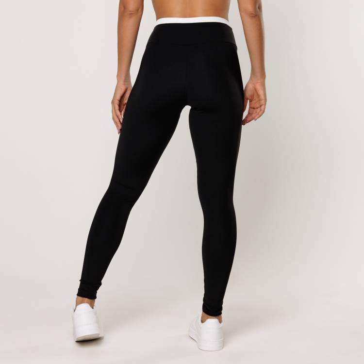 Calça Legging Preta com cós Branco Fitness Poliamida Lot Fitness