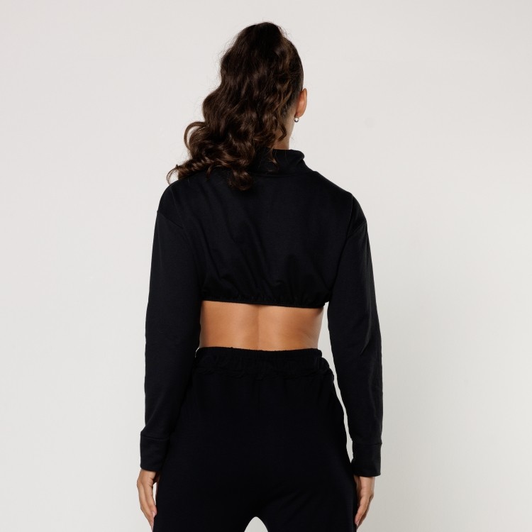 Casaco Cropped de Moletinho Preto Feminino com Zíper