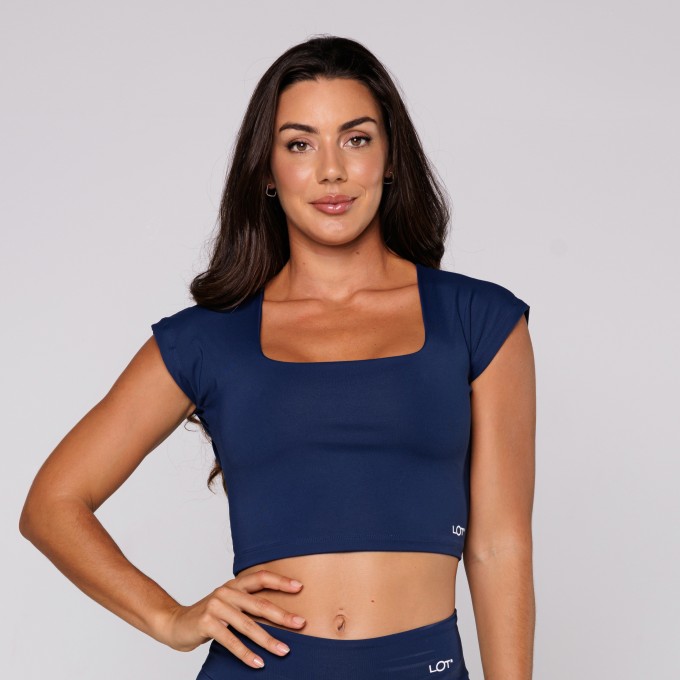 Top Poliamida Feminino Costas Aberta Decote Quadrado Azul Marinho