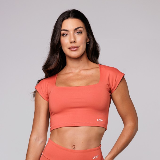 Top Poliamida Costas Aberta Decote Quadrado Folk Terracota