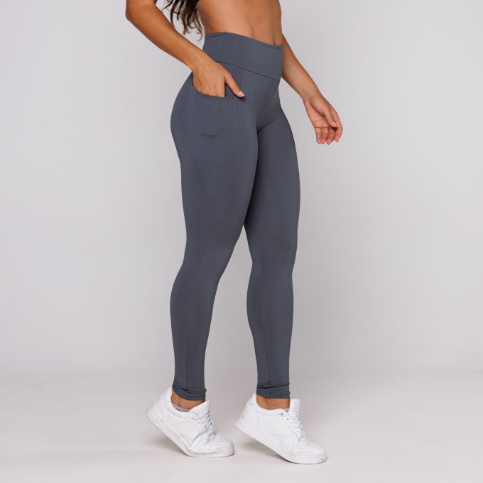 Calça Legging Poliamida Premium Com Bolso Cinza Chumbo