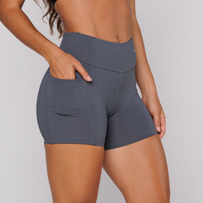 Short Poliamida Premium Feminino Academia Com Bolso Cinza Chumbo