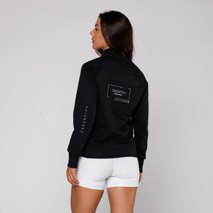 Casaco de Moletom Preto Feminino Gola Canelada Estampado