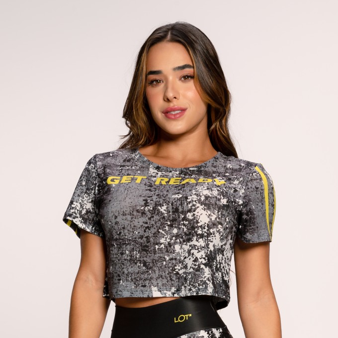 Cropped Fitness Estampado Cinza com Detalhe Amarelo Neon