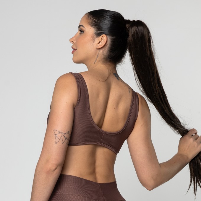Top Fitness Feminino Academia Poliamida Arco Costas Aberta Marrom