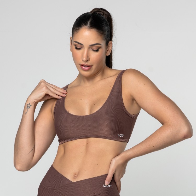 Top Fitness Feminino Academia Poliamida Arco Costas Aberta Marrom