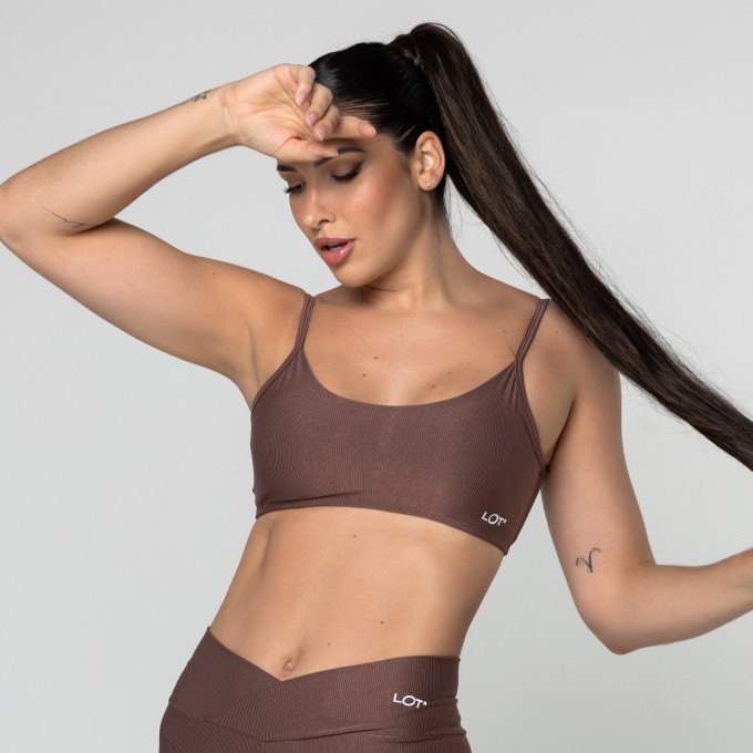 Top Feminino Marrom Fitness Poliamida Academia Costas Aberta