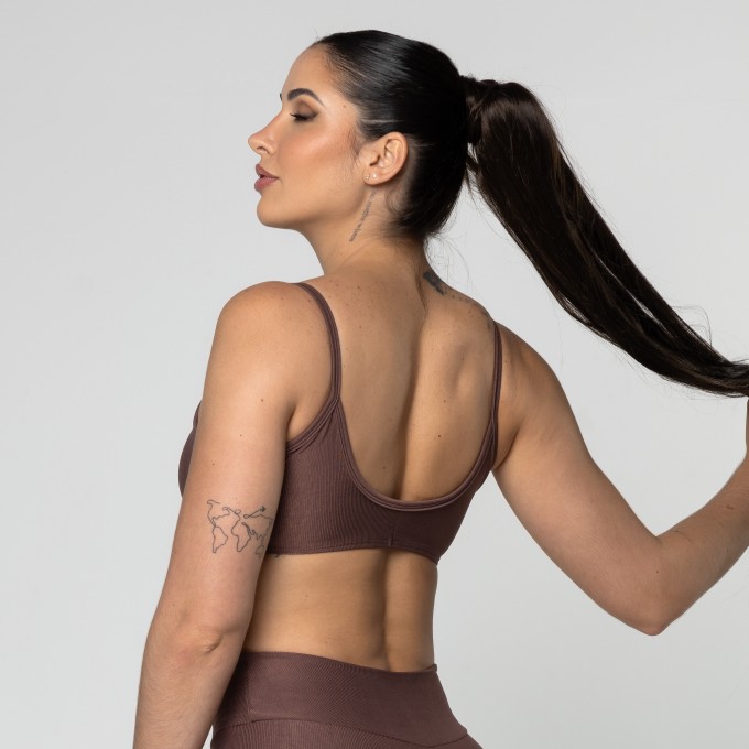 Top Feminino Marrom Fitness Poliamida Academia Costas Aberta
