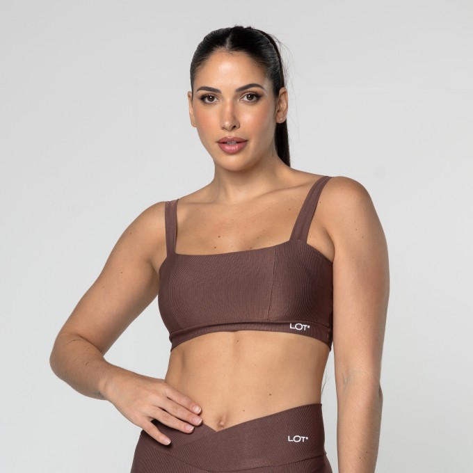 Top Feminino Marrom Fitness Poliamida Academia Decote Reto