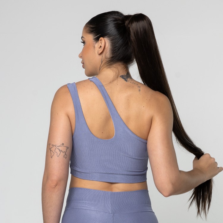 Top Feminino Azul Jeans Fitness Poliamida Academia Ombro Só Gota