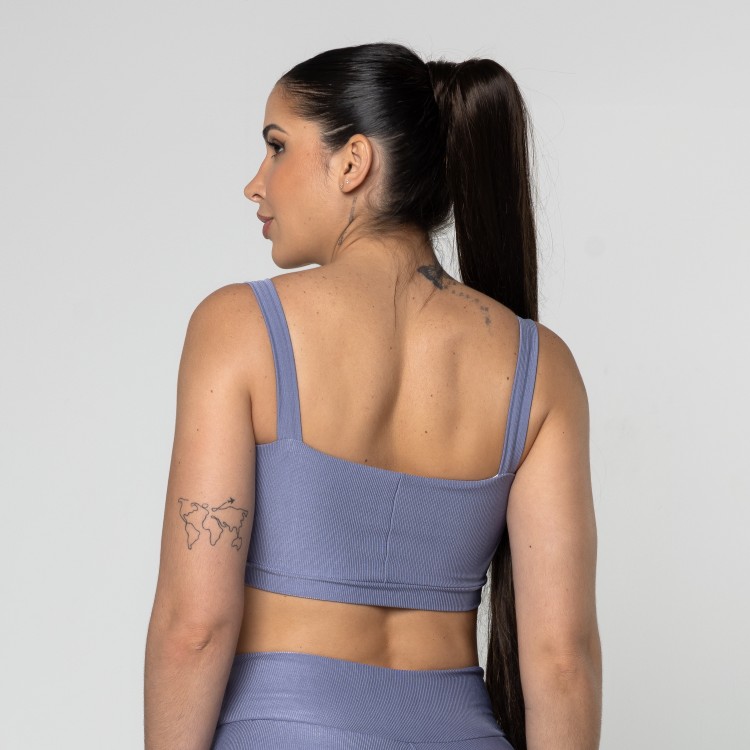 Top Feminino Azul Jeans Fitness Poliamida Academia Decote Reto
