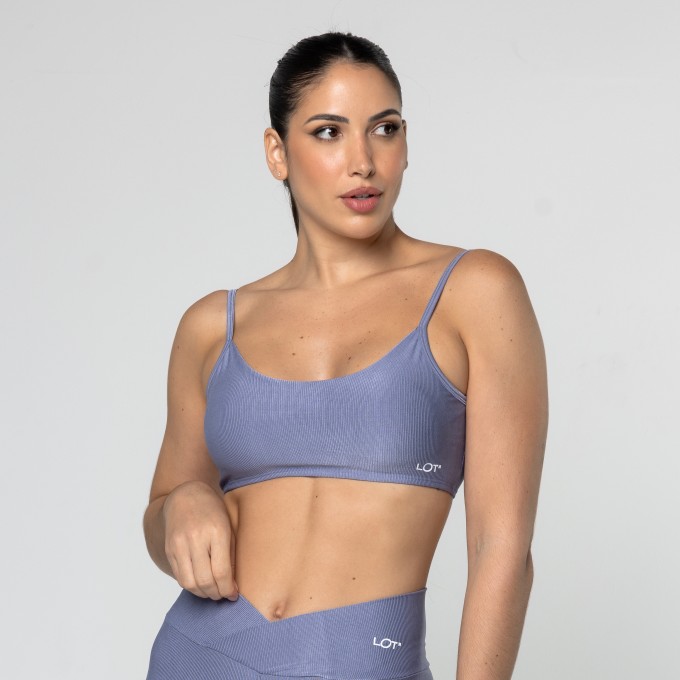 Top Feminino Azul Jeans Fitness Poliamida Academia Costas Aberta