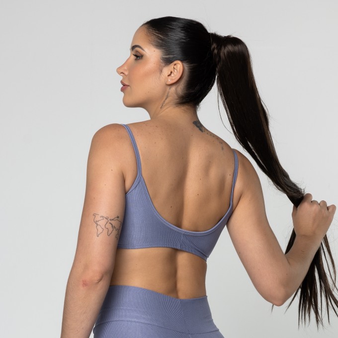 Top Feminino Azul Jeans Fitness Poliamida Academia Costas Aberta