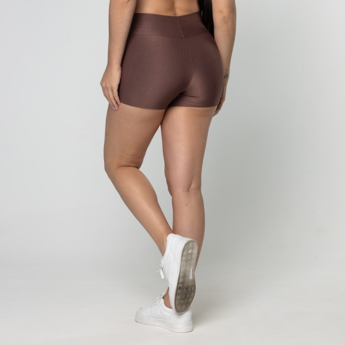 Short Fitness Feminino Academia Poliamida Marrom Cós Cruzado