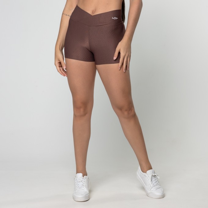 Short Fitness Feminino Academia Poliamida Marrom Cós Cruzado