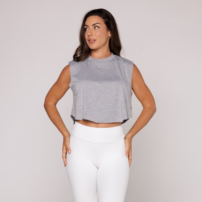 Cropped Arredondado Fitness Viscolycra Academia Cinza Mescla